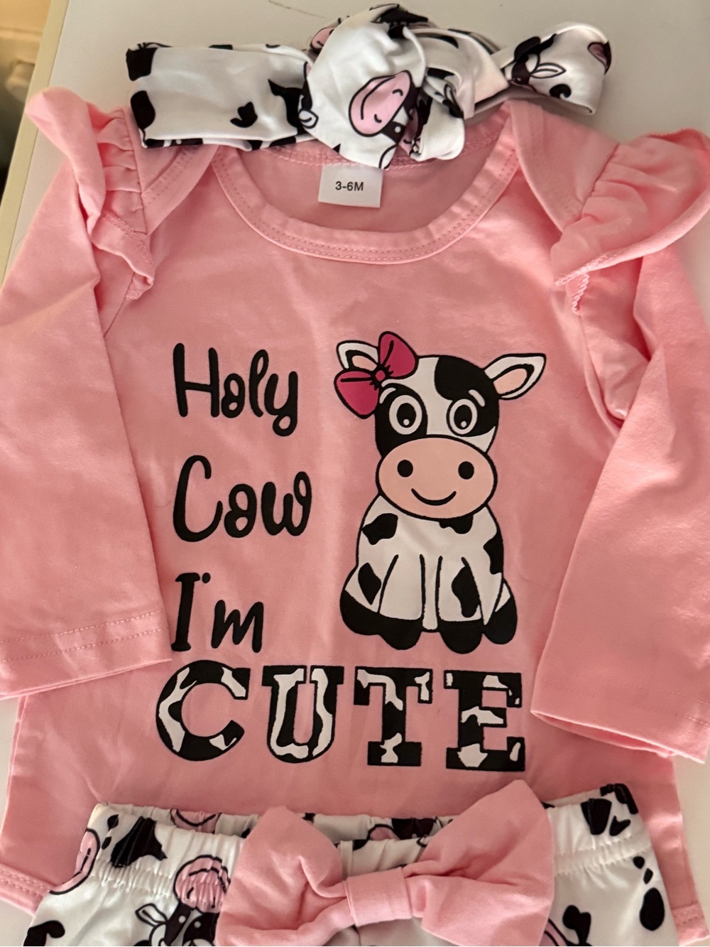 Pink & White Cow Print Baby Outfit with Bow